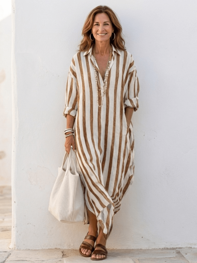 Mirella | Elegantes Gestreiftes Langarm-Hemdblusenkleid 6