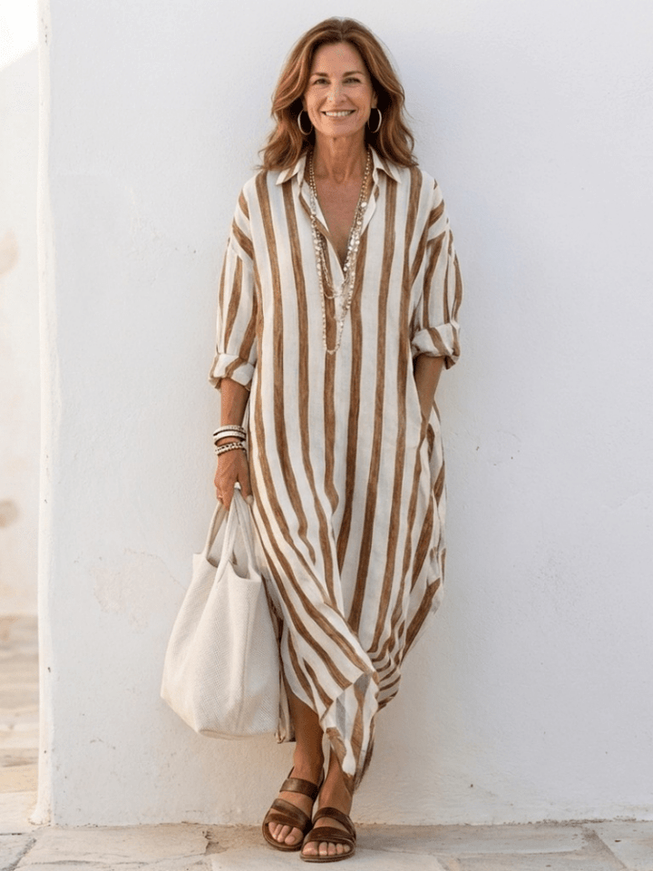Mirella | Elegantes Gestreiftes Langarm-Hemdblusenkleid 6