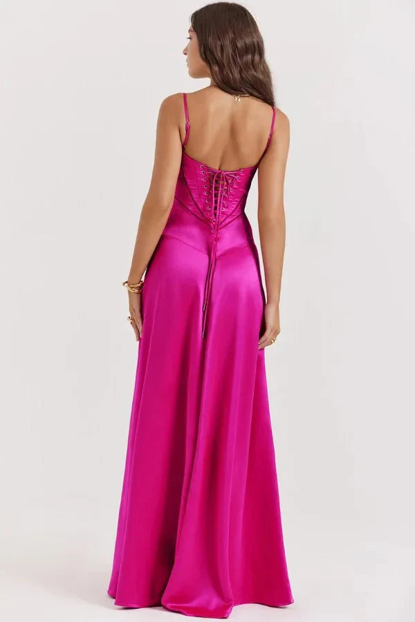 Satin-Maxikleid für Damen | Korsett-Rücken mit Schnürung