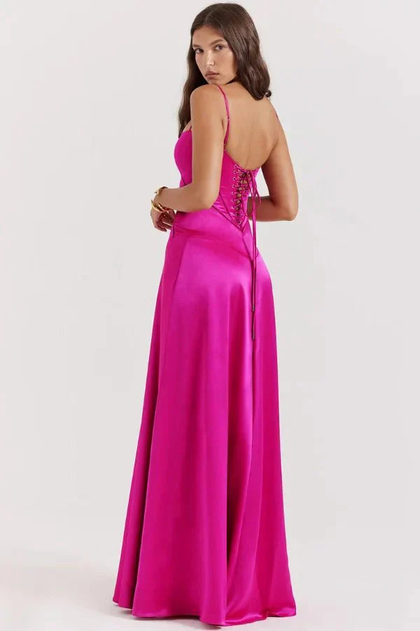 Satin-Maxikleid für Damen | Korsett-Rücken mit Schnürung