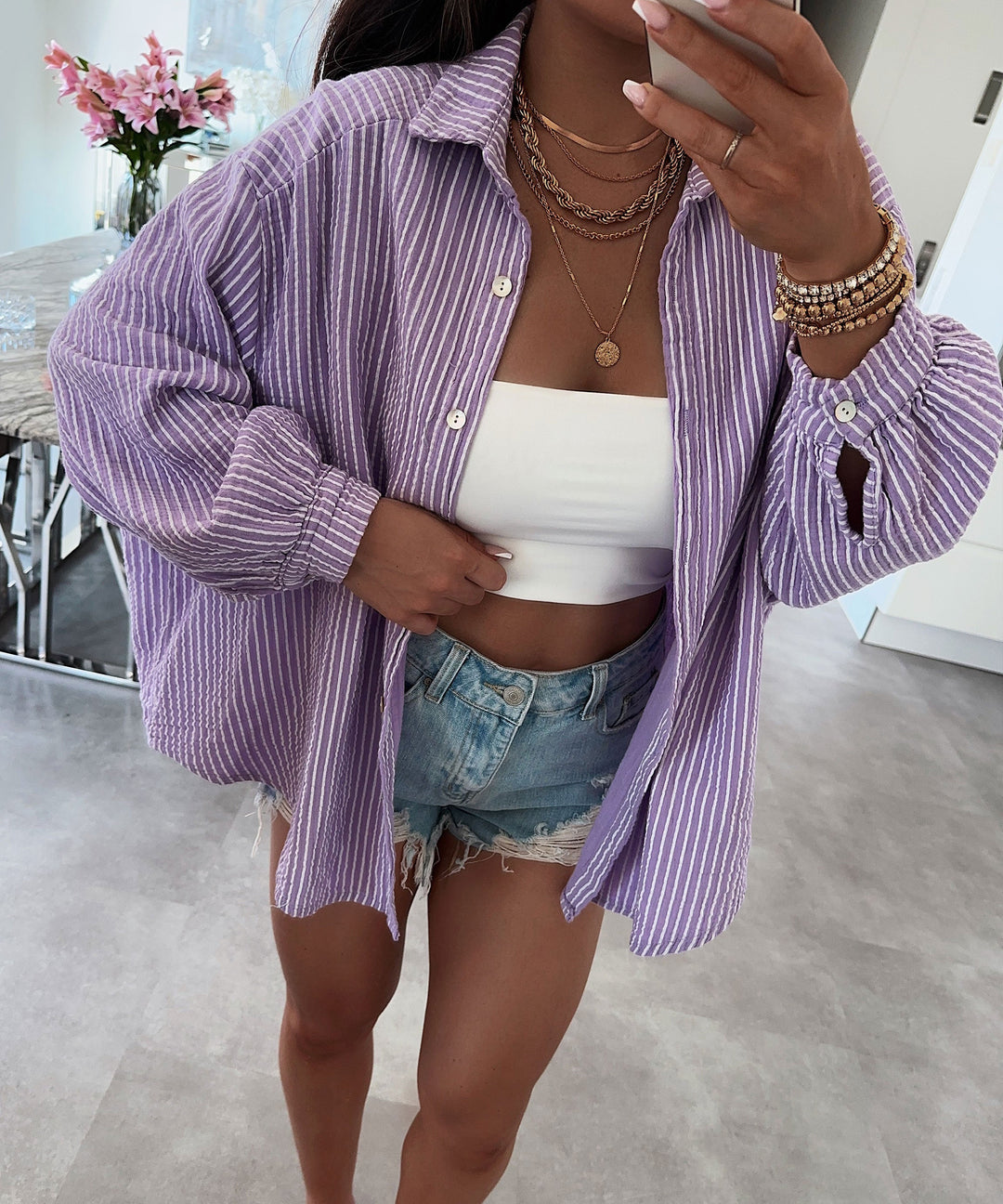 Musselin Bluse Streifen Felixa Lila Ladypolitan ♡