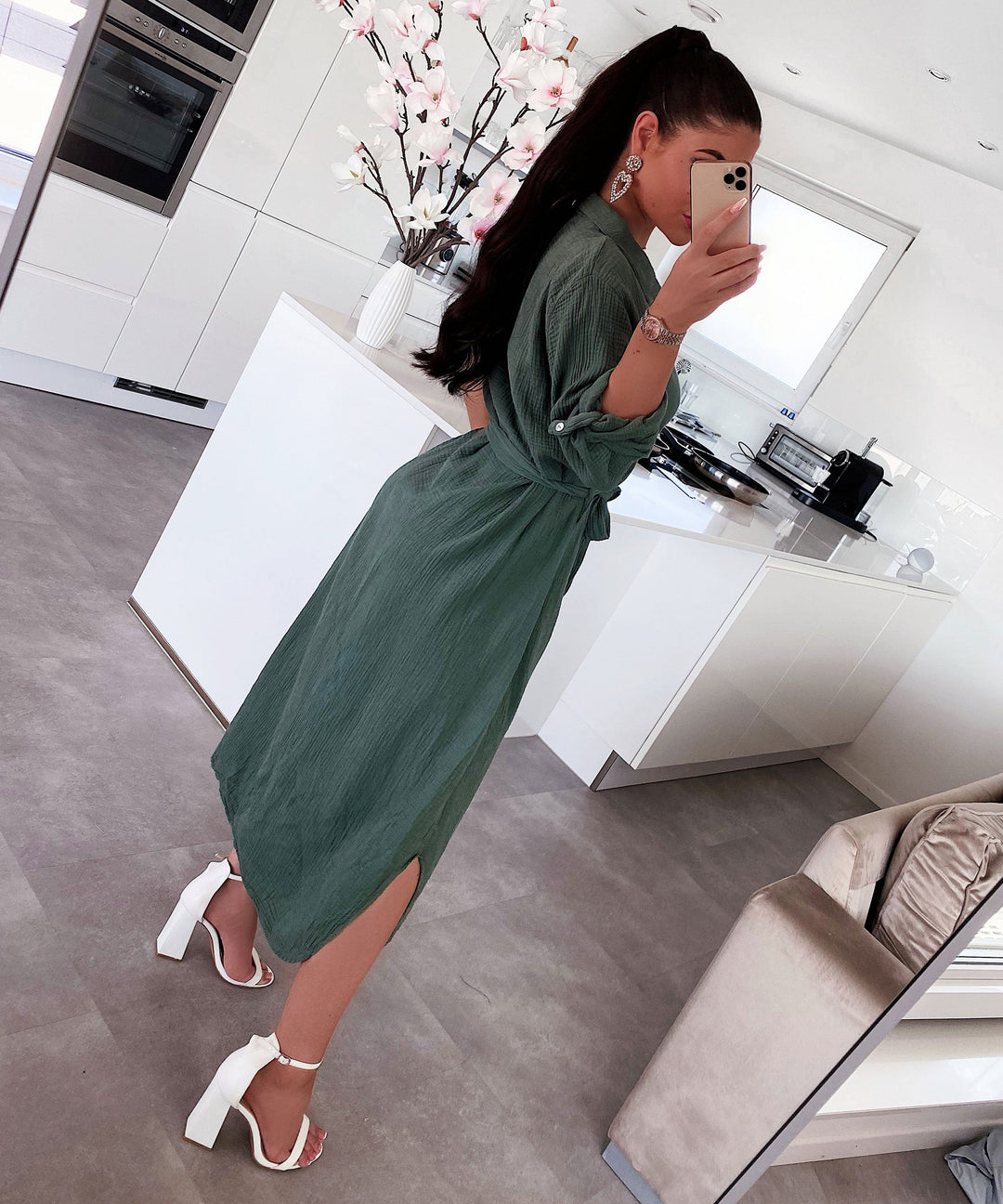 Musselin Kleid Elena Lang Khaki  Ladypolitan ♡   