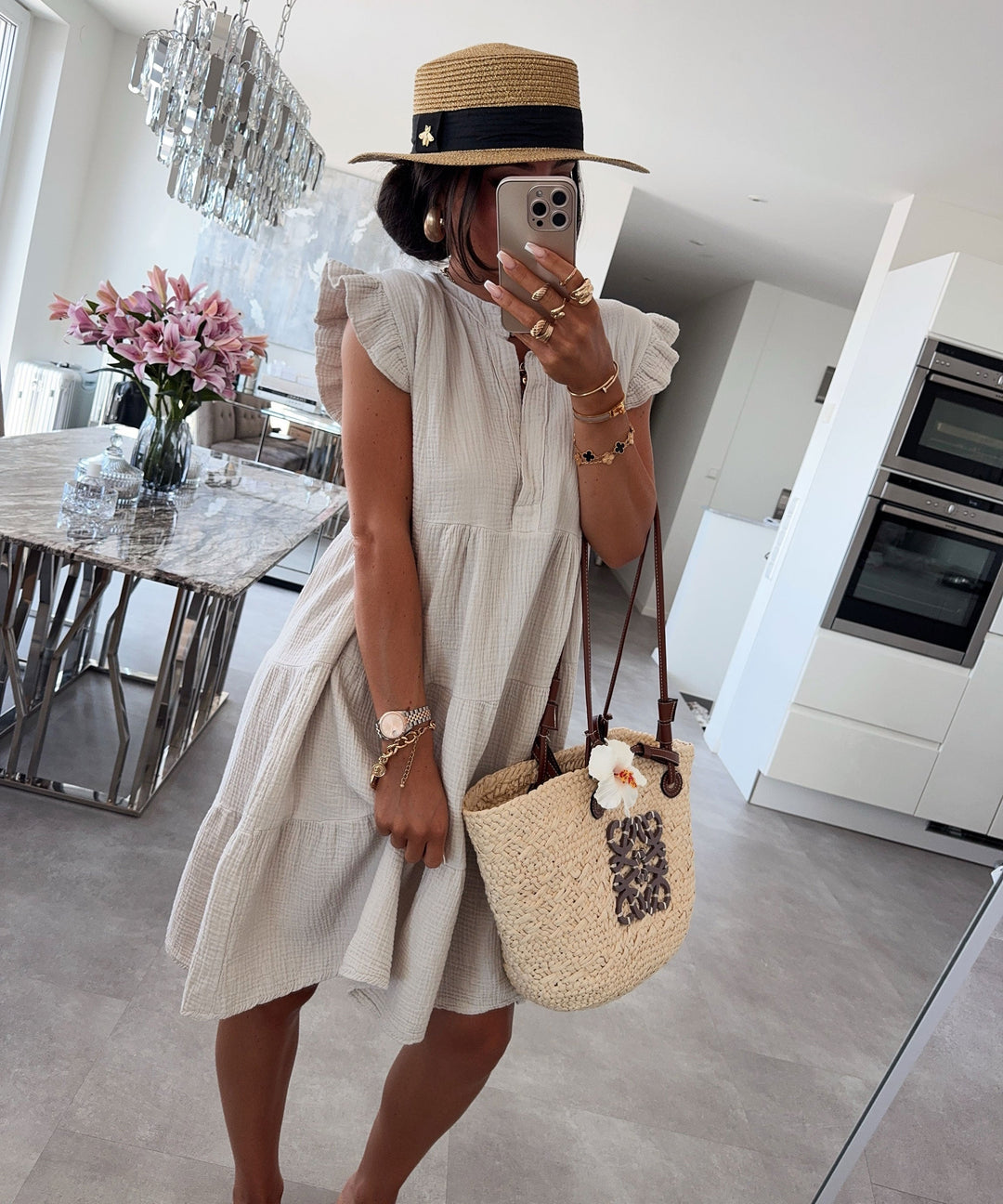 Musselin Kleid Inesa Uni Beige Ladypolitan ♡