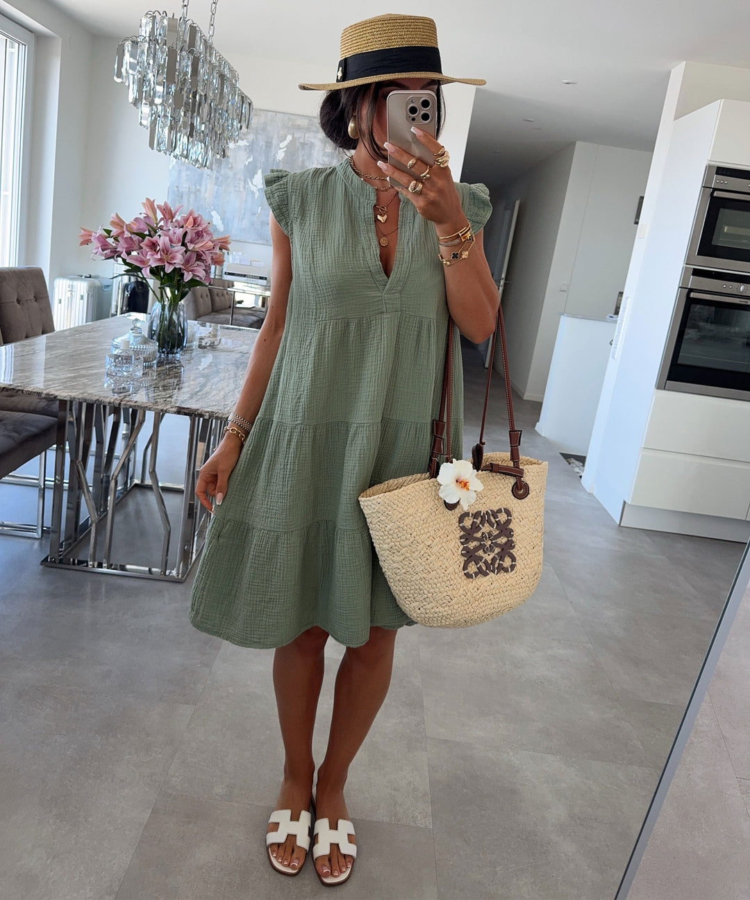 Musselin Kleid Inesa Uni Khaki Ladypolitan ♡