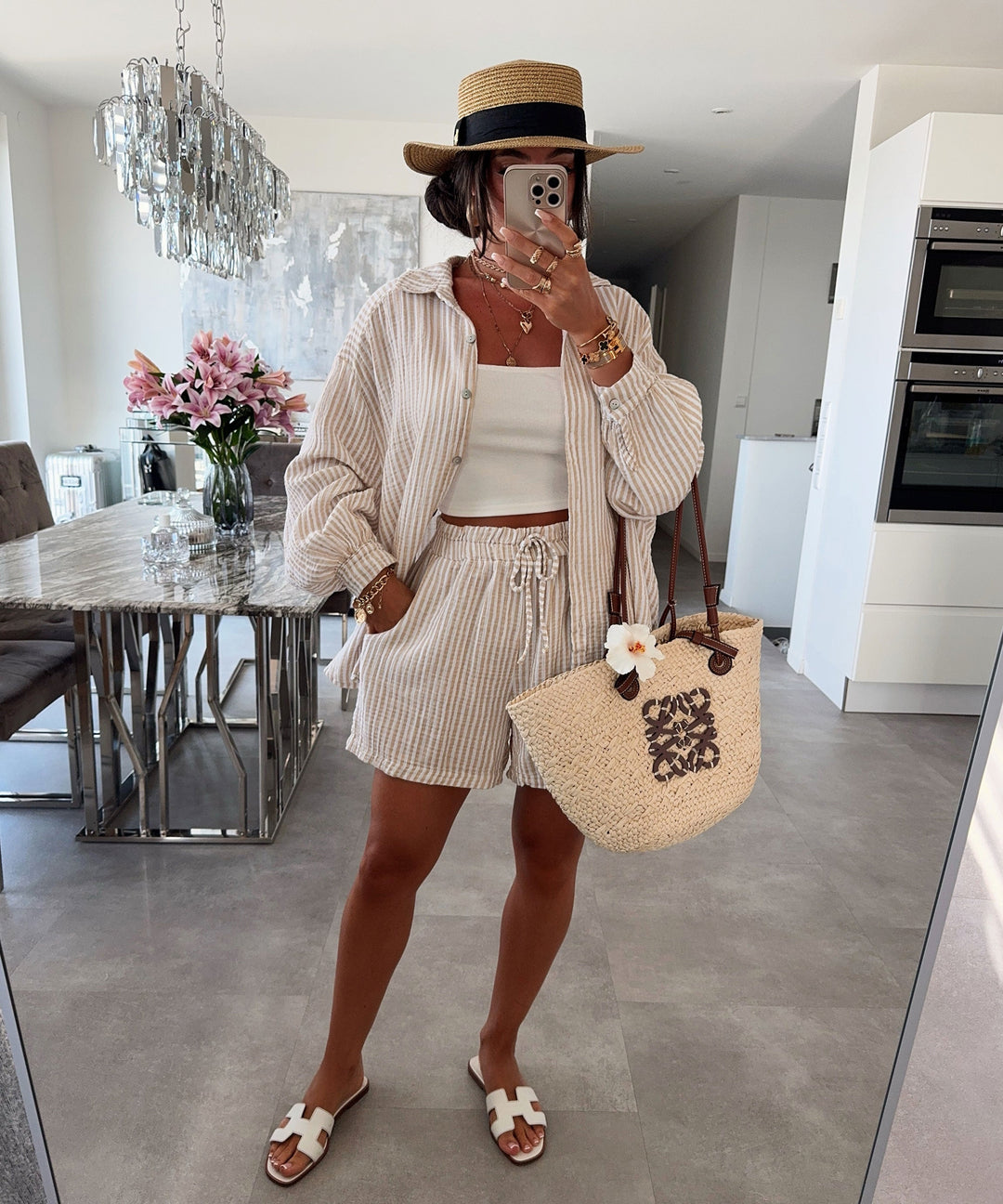 Musselin Shorts Laya Streifen Beige Ladypolitan ♡