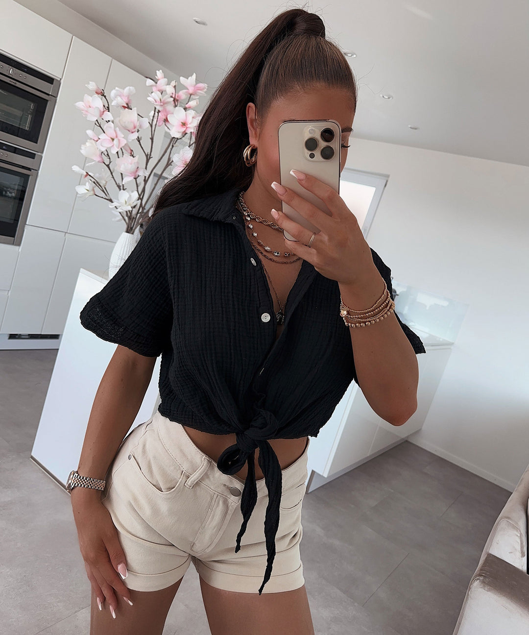 Musselin T-Shirt Knoten Schwarz