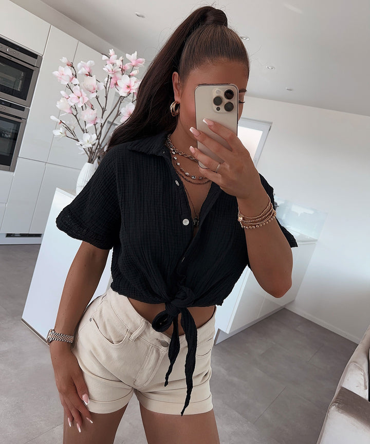 Musselin T-Shirt Knoten Schwarz