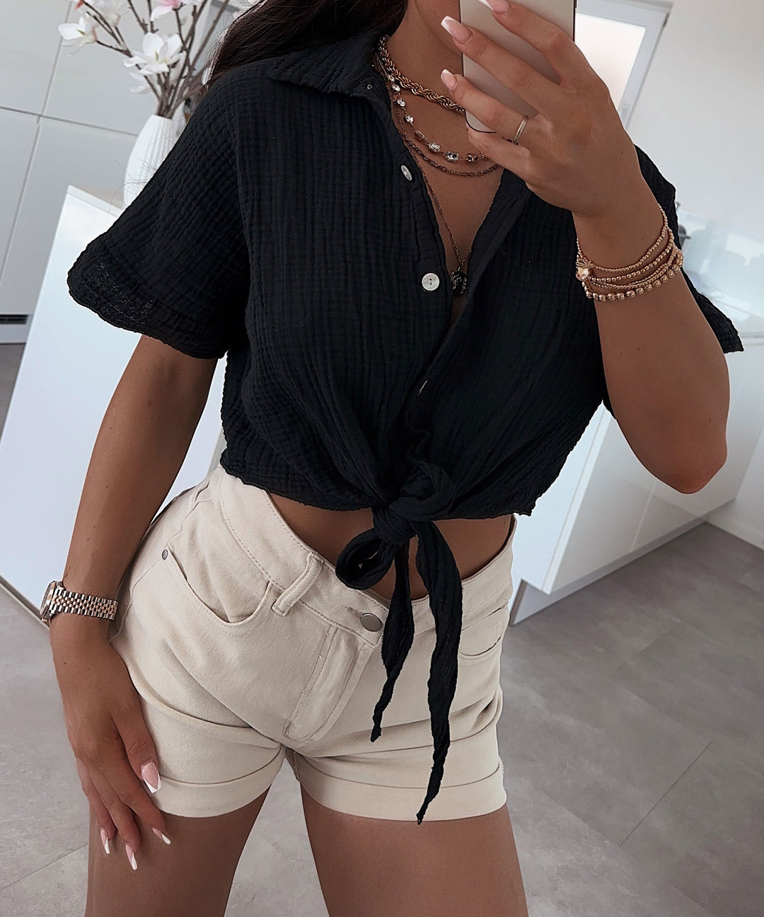 Musselin T-Shirt Knoten Schwarz