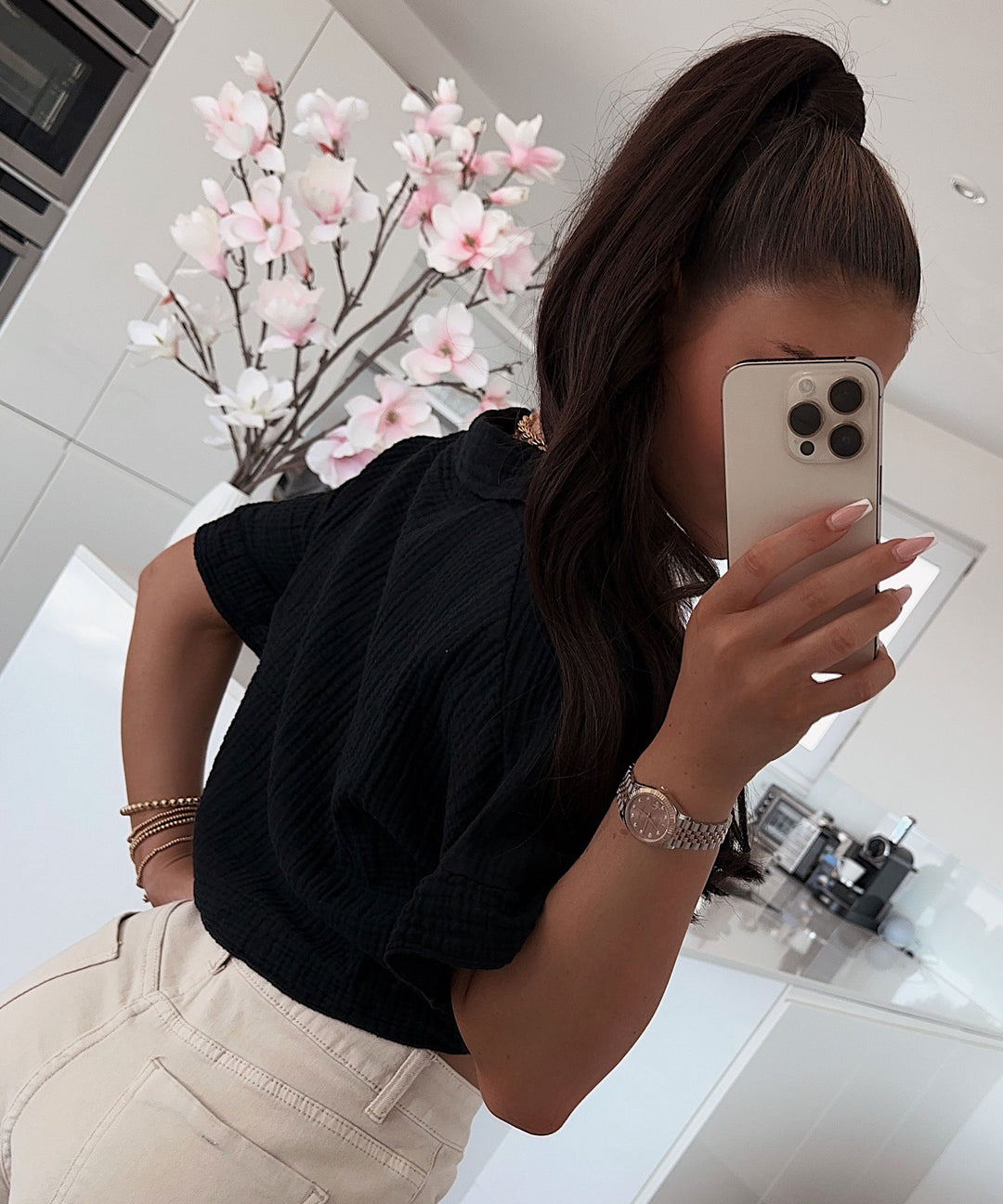 Musselin T-Shirt Knoten Schwarz