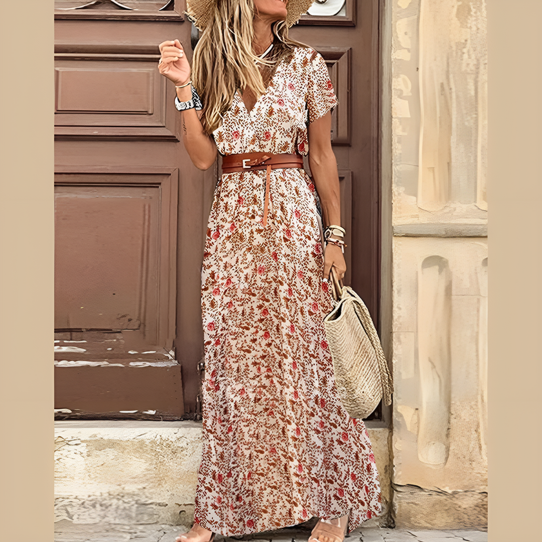 Boho-Kleid für Damen Midi Gürtel Print