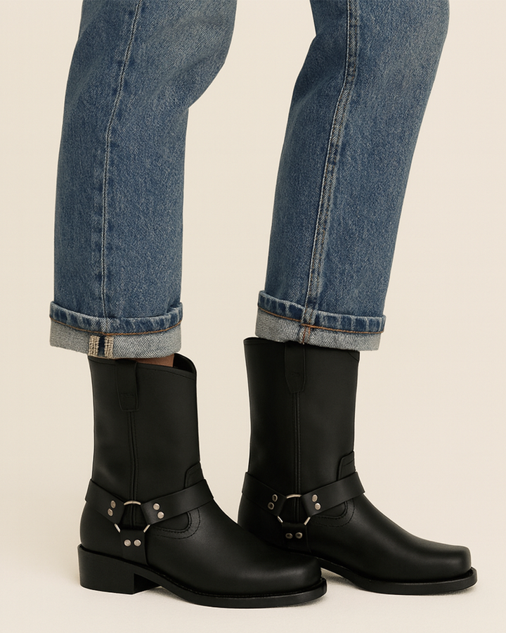 Mittelhohe Biker Stiefeletten mit seitlicher Schnalle