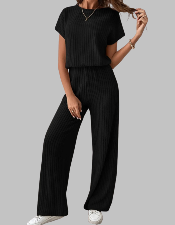 Nora | Eleganter, Gerippter Damen Zweiteiler – Kurzarm-Oberteil & Weite Hosen für Sommer 0
