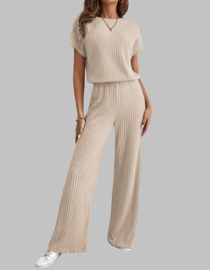 Nora | Eleganter, Gerippter Damen Zweiteiler – Kurzarm-Oberteil & Weite Hosen für Sommer 1