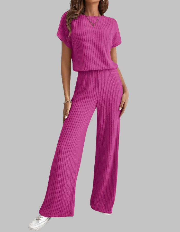 Nora | Eleganter, Gerippter Damen Zweiteiler – Kurzarm-Oberteil & Weite Hosen für Sommer 2