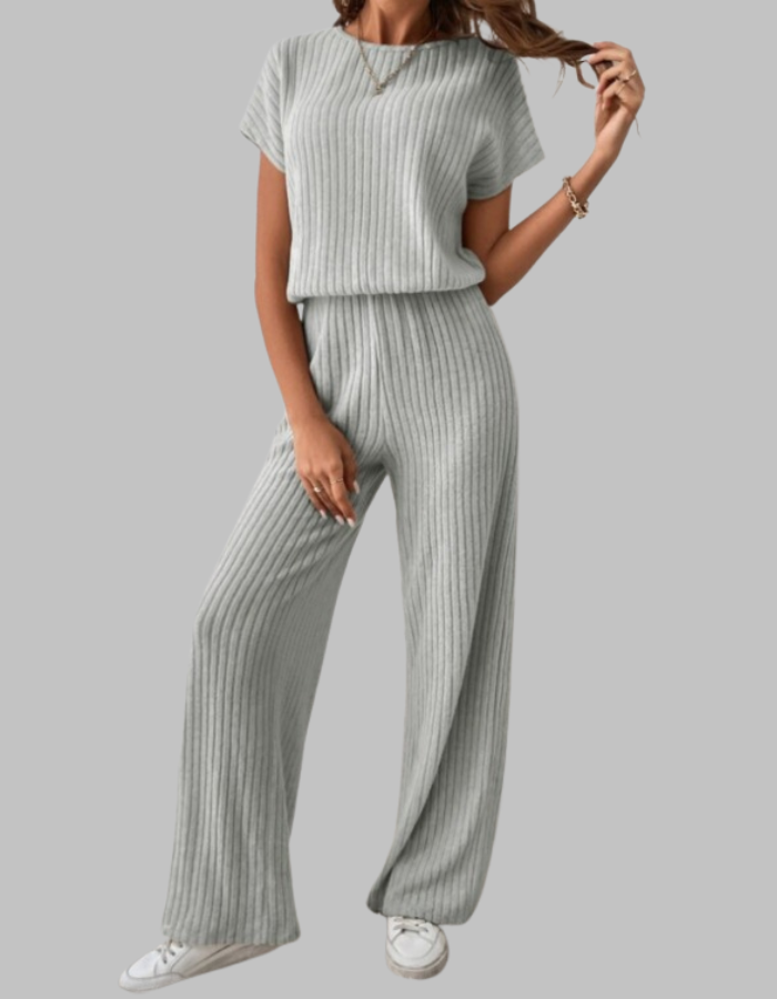 Nora | Eleganter, Gerippter Damen Zweiteiler – Kurzarm-Oberteil & Weite Hosen für Sommer 5