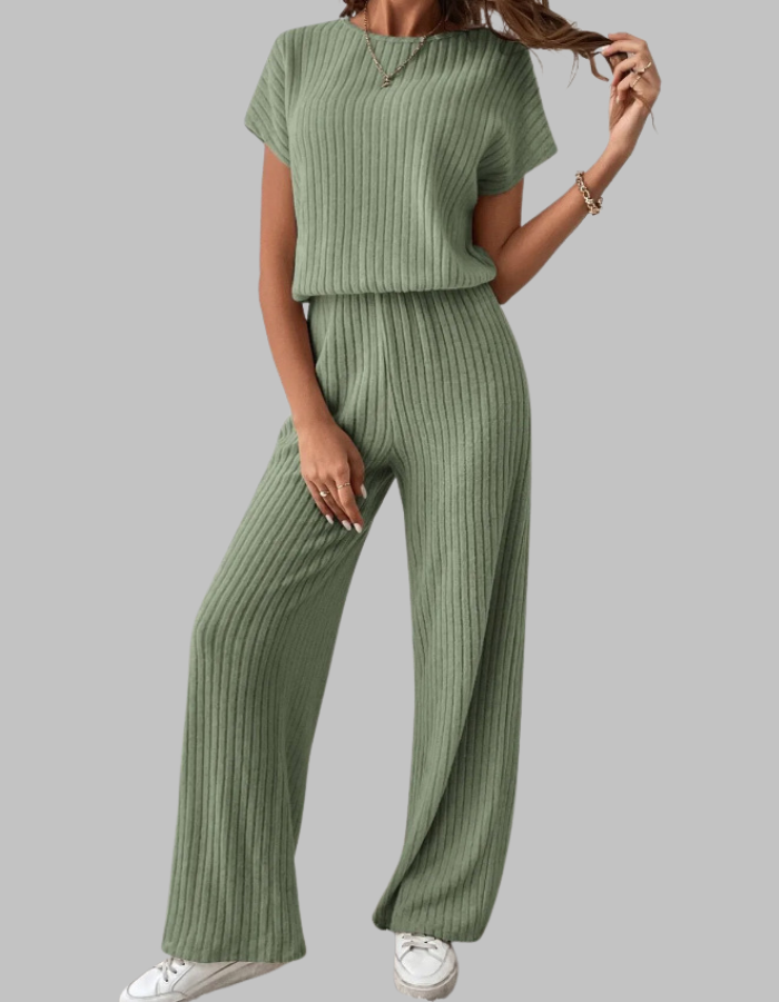 Nora | Eleganter, Gerippter Damen Zweiteiler – Kurzarm-Oberteil & Weite Hosen für Sommer 6