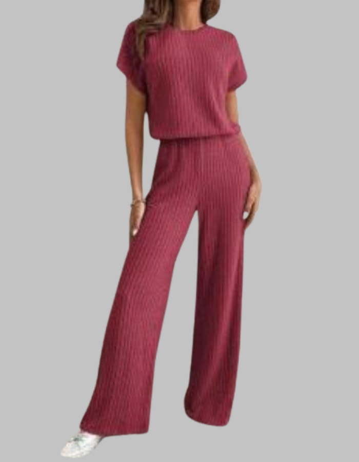 Nora | Eleganter, Gerippter Damen Zweiteiler – Kurzarm-Oberteil & Weite Hosen für Sommer 7