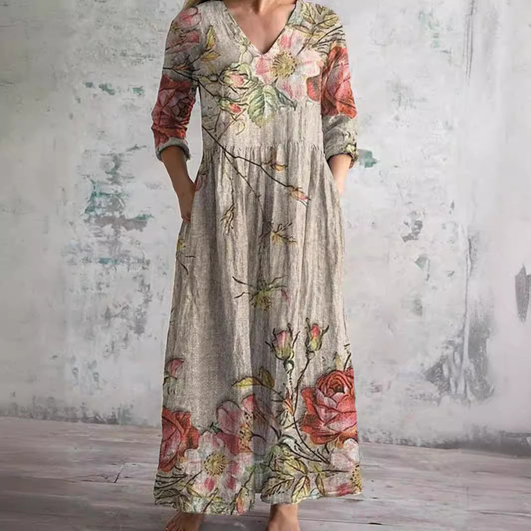 Damen Sommerkleid V-Ausschnitt Blumenprint