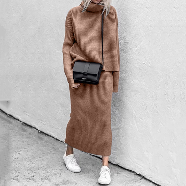 Jessica | Damen Rippen-Strickpullover mit Rollkragen und Rock-Set