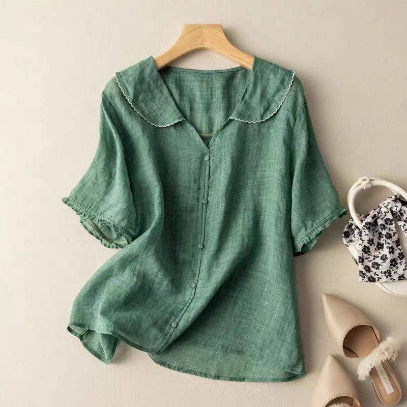 Damen Vintage Bluse Bogenkragen mit Knopfdetail Oversized