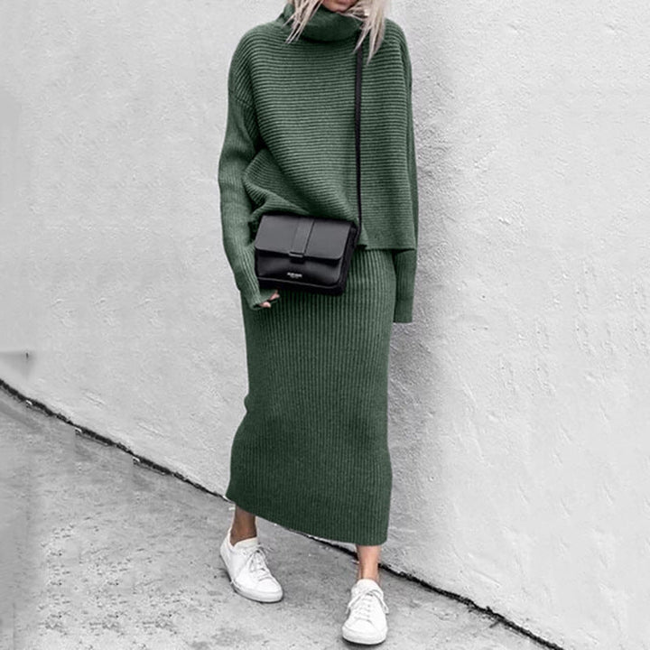 Jessica | Damen Rippen-Strickpullover mit Rollkragen und Rock-Set