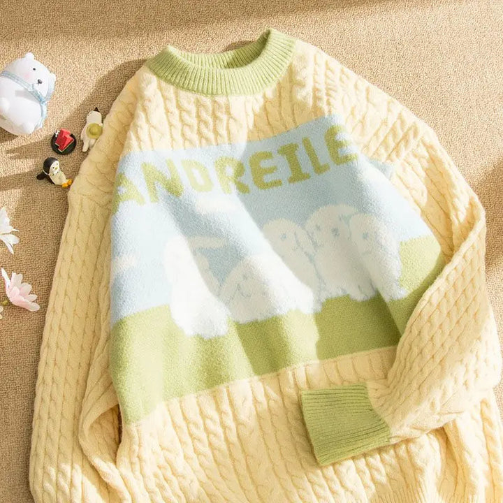 Odessa - Zopfmusterpullover mit pastellfarbenem Wolkenmotiv