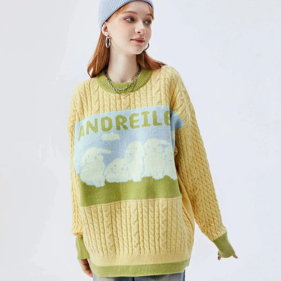 Odessa - Zopfmusterpullover mit pastellfarbenem Wolkenmotiv