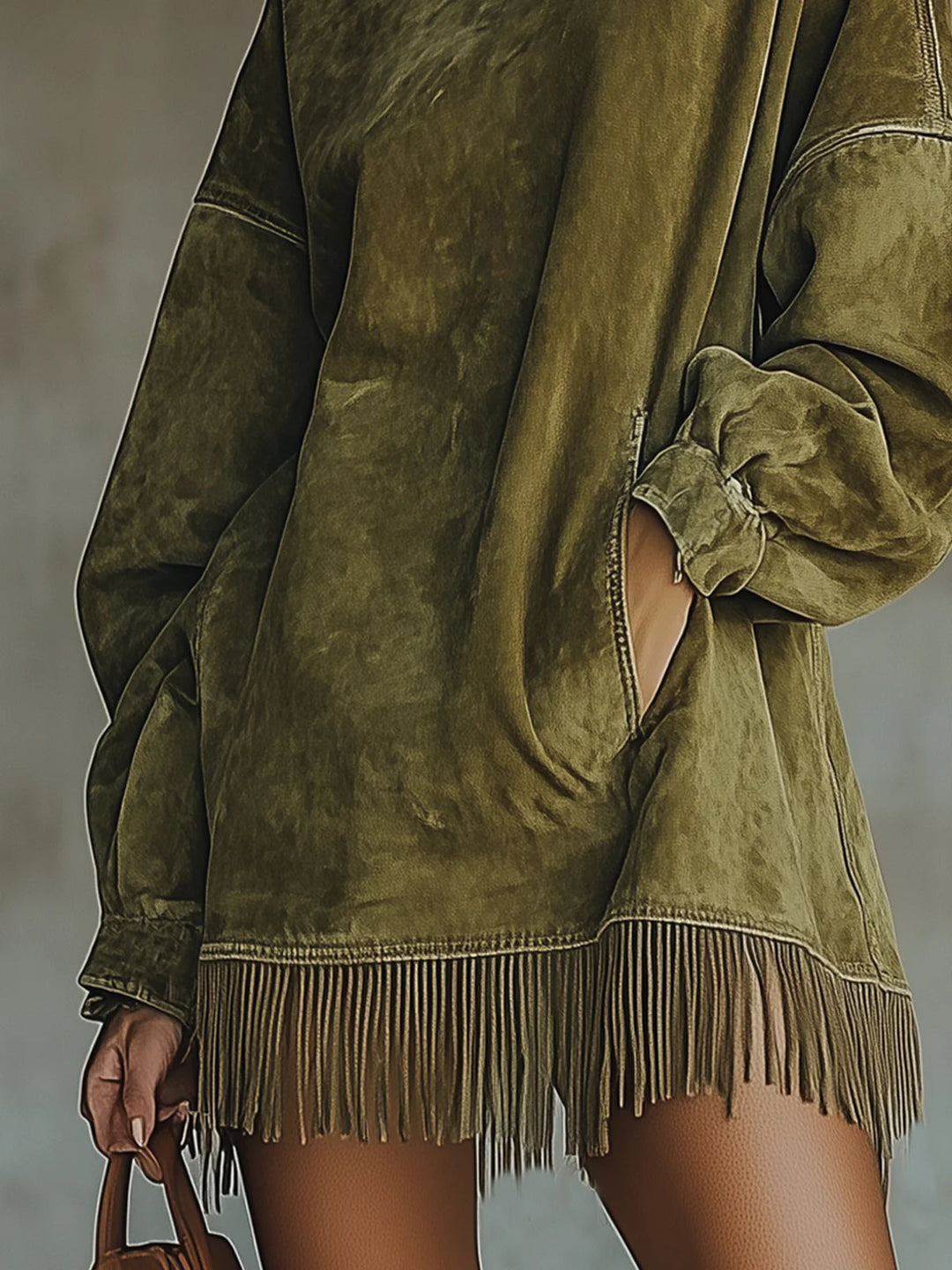 Damenkleid mit Rollkragen, aus Kunstwildleder mit Fransen