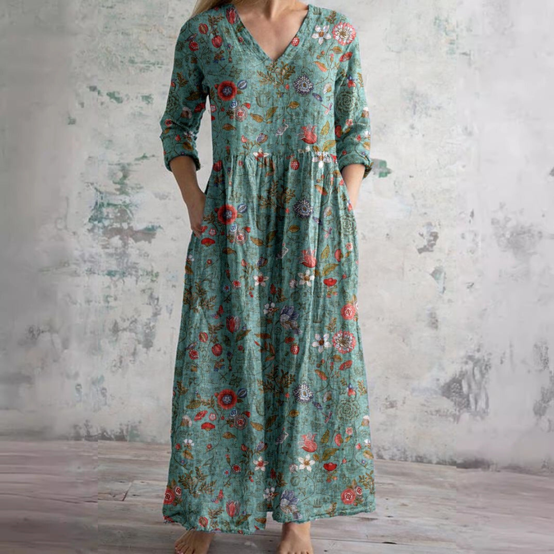 Clara – Gemustertes Maxi-Kleid mit V-Ausschnitt