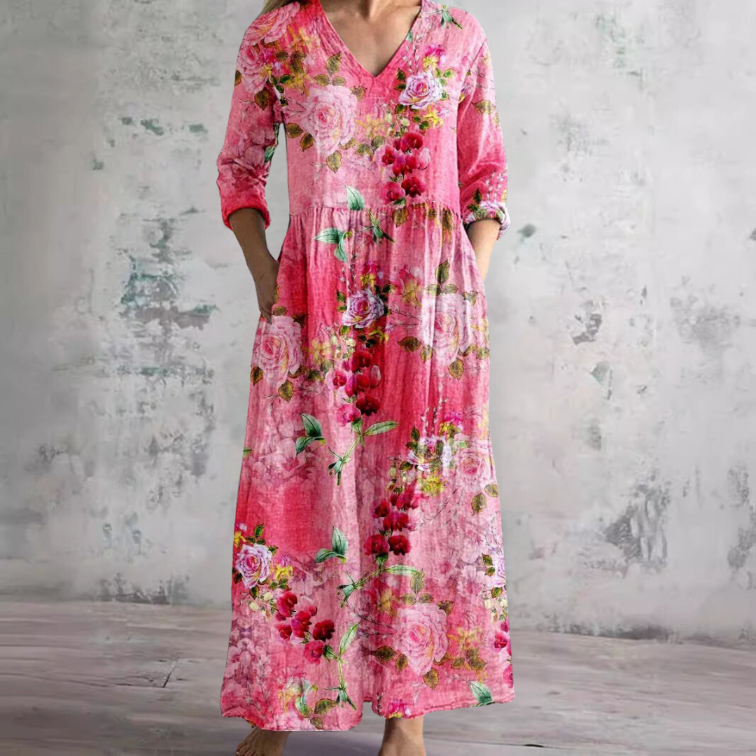 Clara – Gemustertes Maxi-Kleid mit V-Ausschnitt