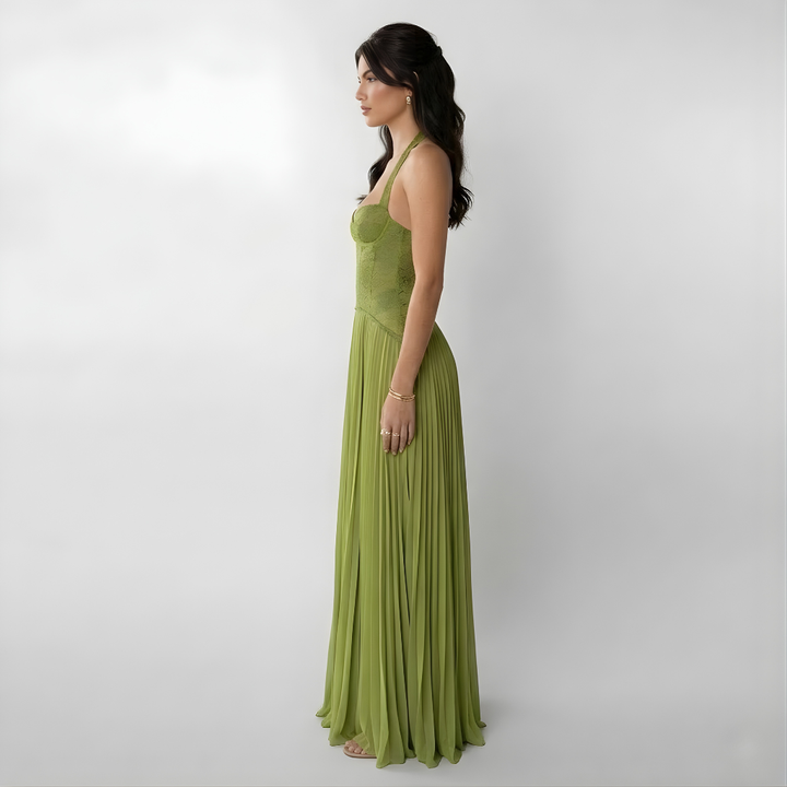 Gaia Maxi Kleid – Elegantes Spitzenkleid mit Plisseerock