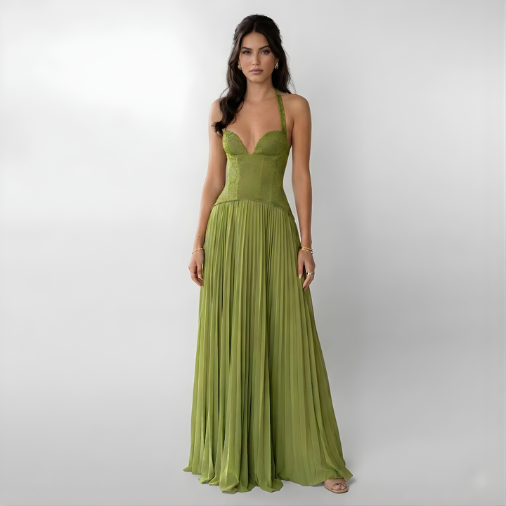 Gaia Maxi Kleid – Elegantes Spitzenkleid mit Plisseerock