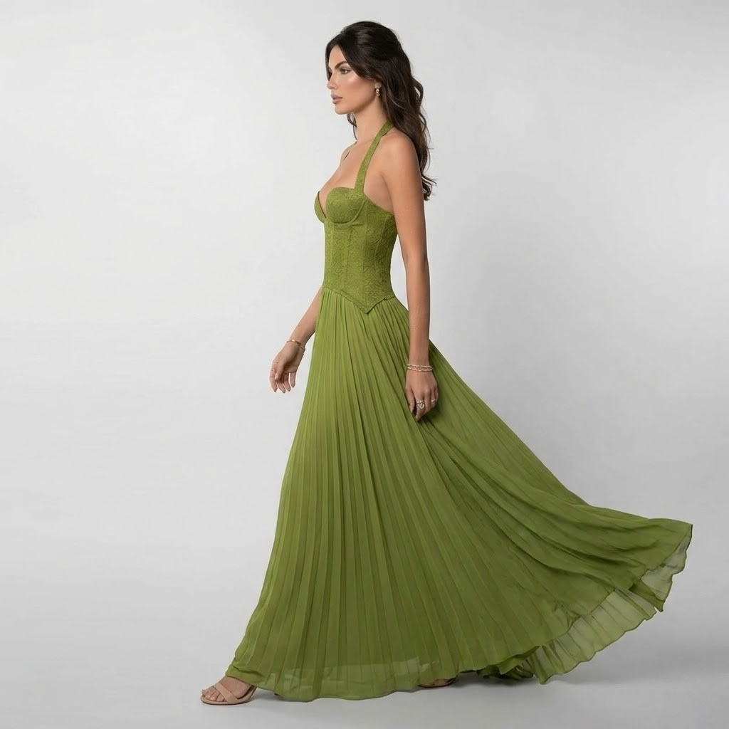 Gaia Maxi Kleid – Elegantes Spitzenkleid mit Plisseerock