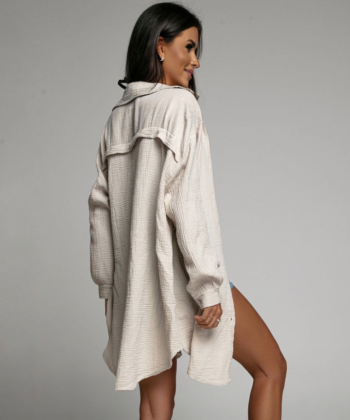 Oversize Musselin Bluse Freya Beige Lang  Ladypolitan - Fashion Onlineshop für Damen   