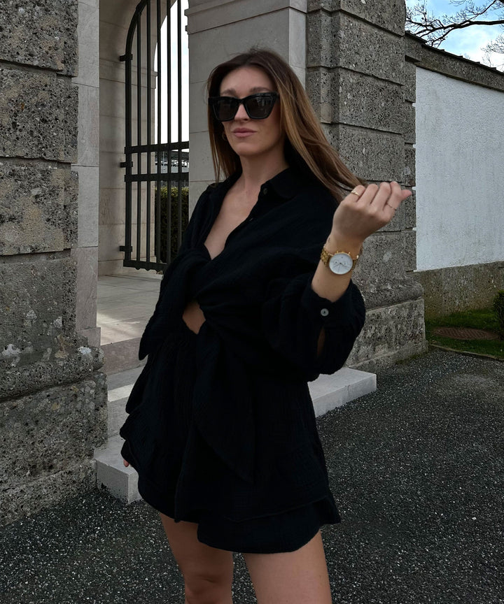 Oversize Musselin Bluse Freya Schwarz Kurz