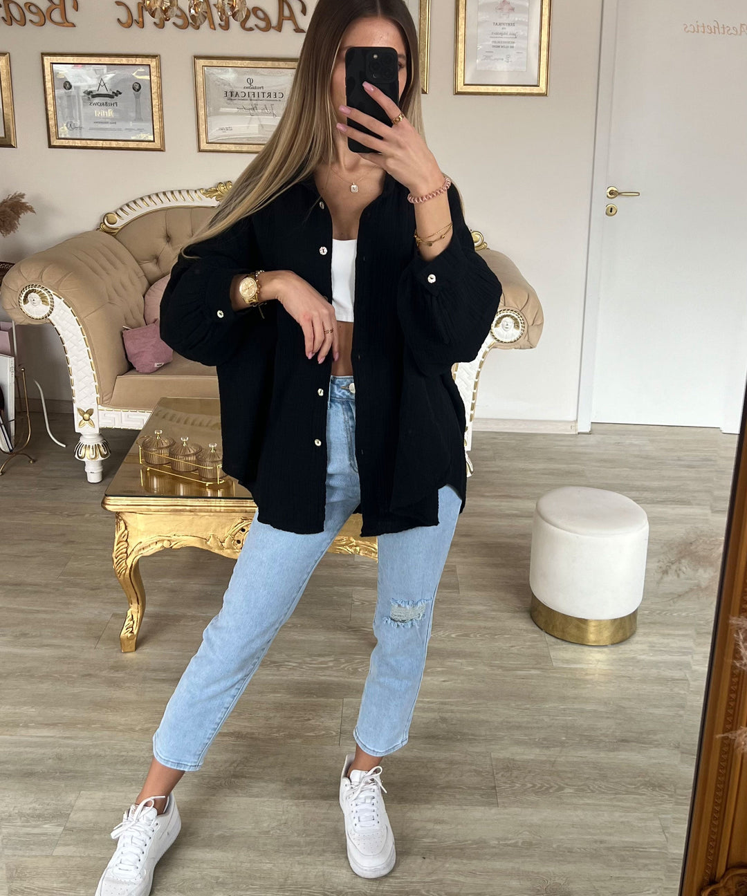Oversize Musselin Bluse Freya Schwarz Kurz