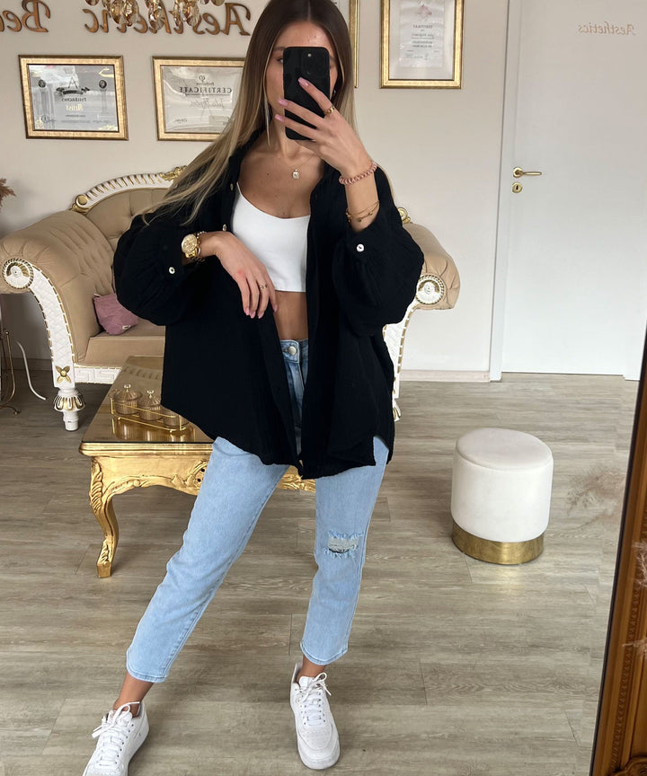 Oversize Musselin Bluse Freya Schwarz Kurz