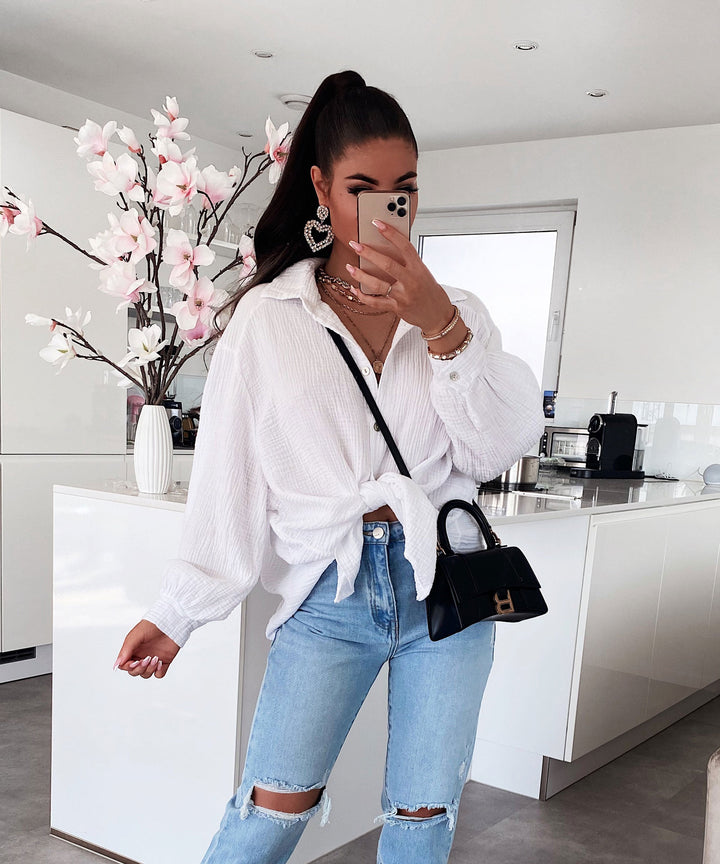 Oversize Musselin Bluse Freya Weiß Kurz