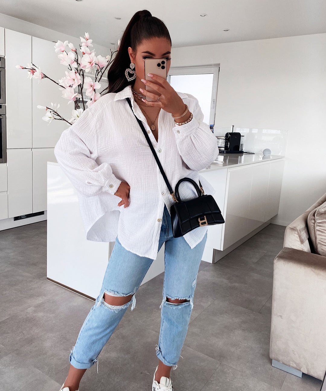 Oversize Musselin Bluse Freya Weiß Kurz