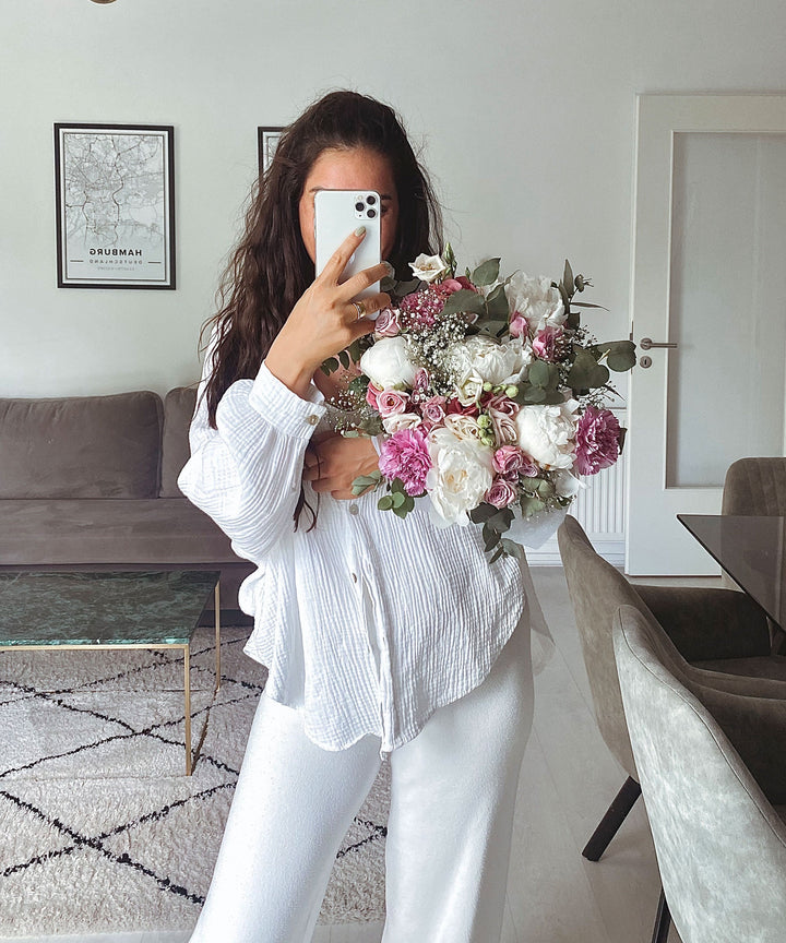 Oversize Musselin Bluse Freya Weiß Kurz