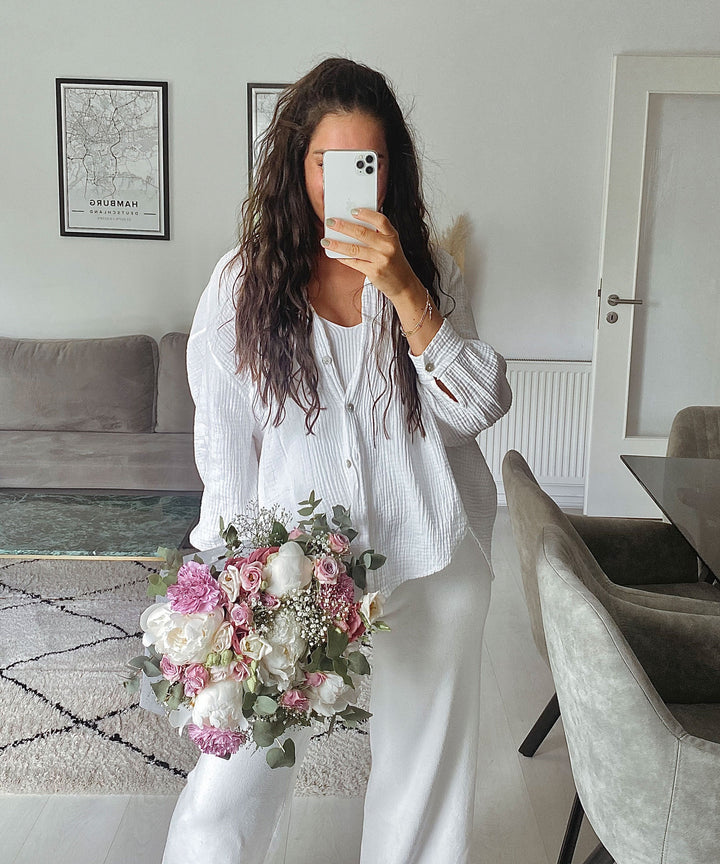 Oversize Musselin Bluse Freya Weiß Kurz