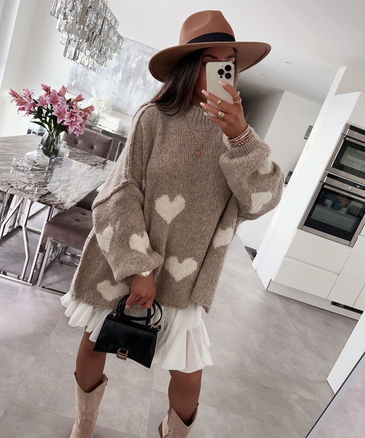 Oversize Pullover Nata Herz Taupe Beige
