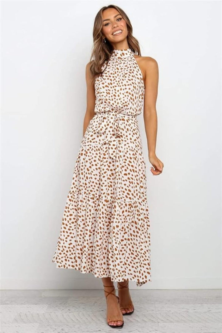 Karin | Damen Maxikleid mit Druckmuster, Neckholder und Taillenschleife