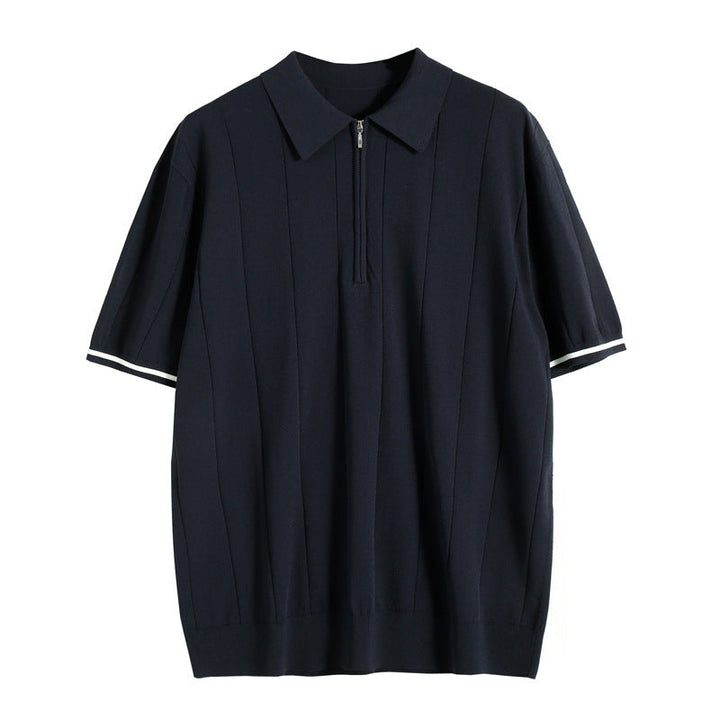 Poloshirt Herren | Kurzarm Strick-Polo mit Reißverschluss & Streifendetails