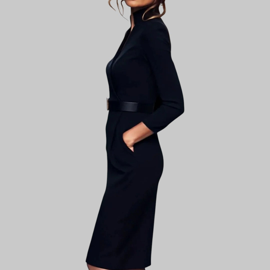Daniela – Elegant Midi pencil dress with a belt and an elegant collar for Women - Image 2