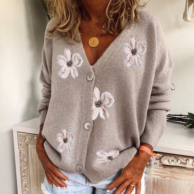 Romina - Modische Damen Strickjacke mit Blumendruck