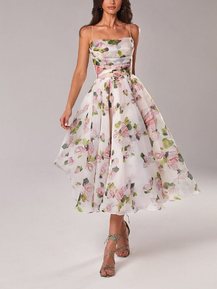 Rosa | Elegantes Festliches Kleid mit Spaghettiträgern – A-Linie und Blumendruck für Hochzeitsgast und besondere Anlässe 0