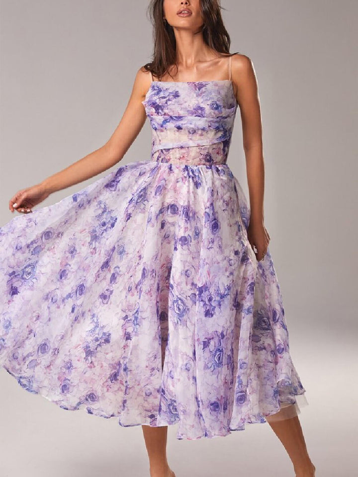 Rosa | Elegantes Festliches Kleid mit Spaghettiträgern – A-Linie und Blumendruck für Hochzeitsgast und besondere Anlässe 1