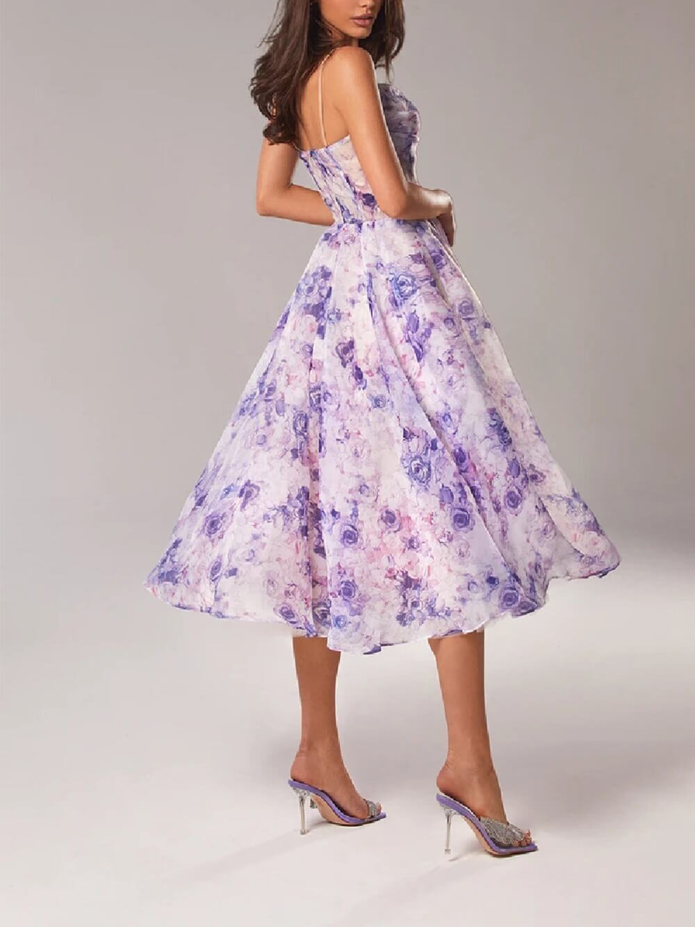 Rosa | Elegantes Festliches Kleid mit Spaghettiträgern – A-Linie und Blumendruck für Hochzeitsgast und besondere Anlässe 2
