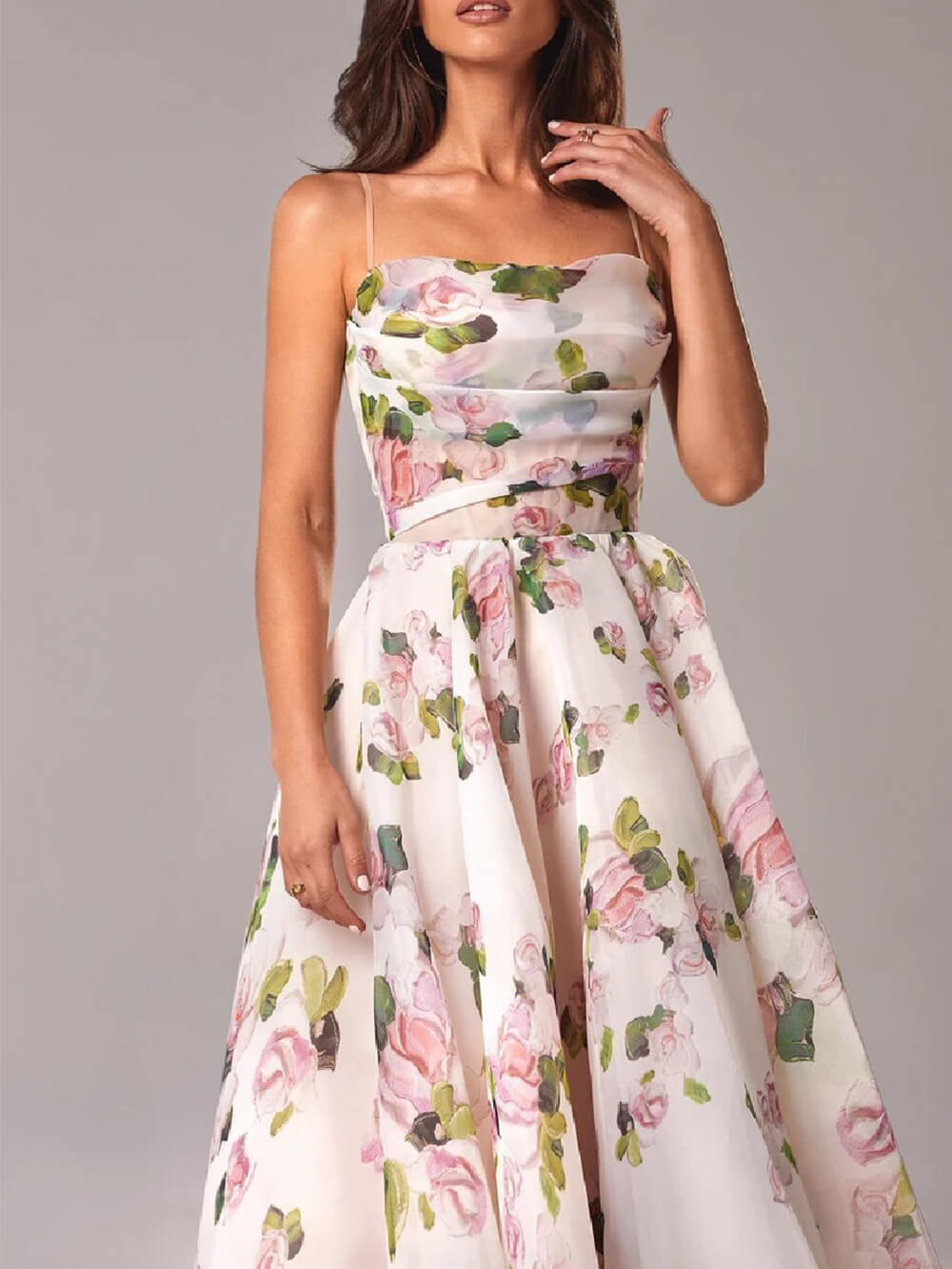 Rosa | Elegantes Festliches Kleid mit Spaghettiträgern – A-Linie und Blumendruck für Hochzeitsgast und besondere Anlässe 3